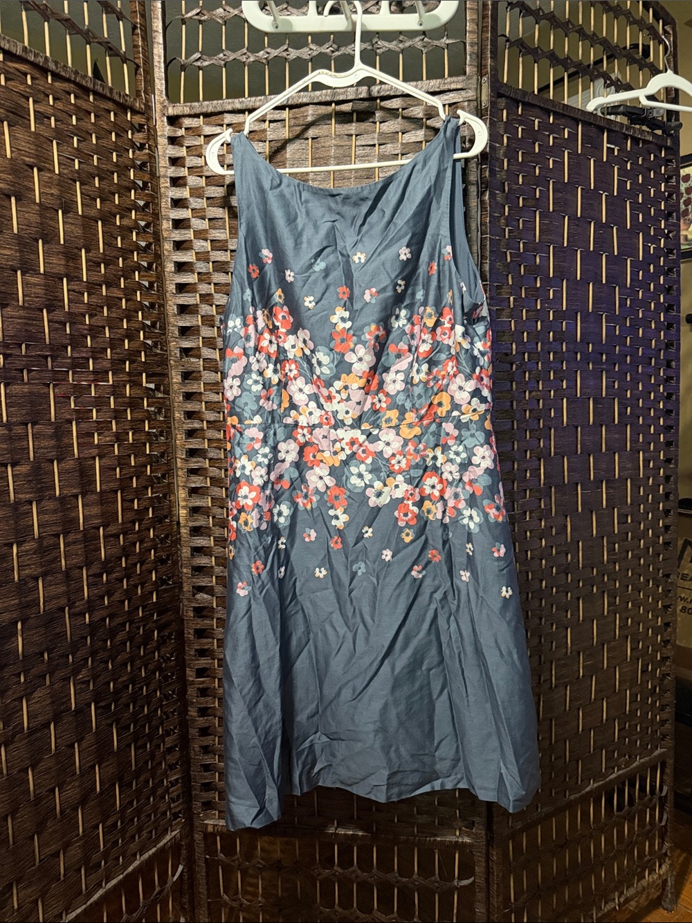 LOFT Slate Blue Floral Midi Dress with Coral & White Blooms